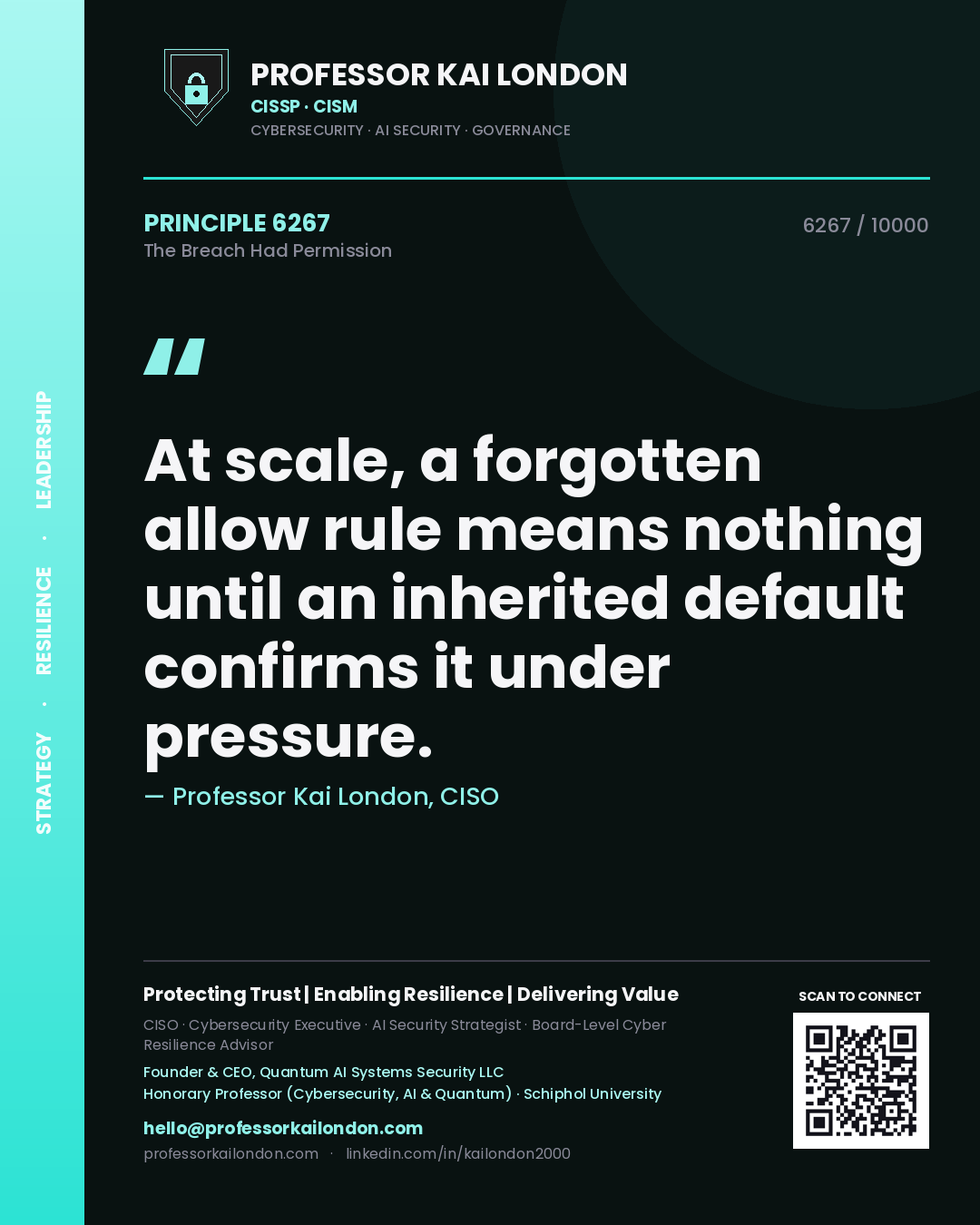 Quote card by Professor Kai London reading 'At scale, a forgotten allow rule means nothing until an inherited default confirms it under pressure.'. From the book The Breach Had Permission.