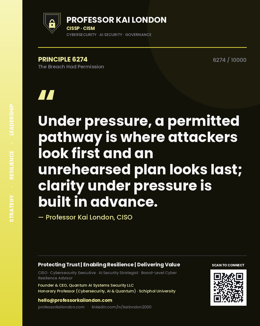 Professor Kai London principle 6274: Under pressure, a permitted pathway is where attackers look first and an unrehearsed plan looks last; clarity under pressure is built in advance.