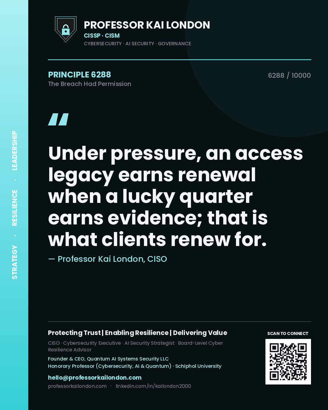 Professor Kai London principle 6288: Under pressure, an access legacy earns renewal when a lucky quarter earns evidence; that is what clients renew for.