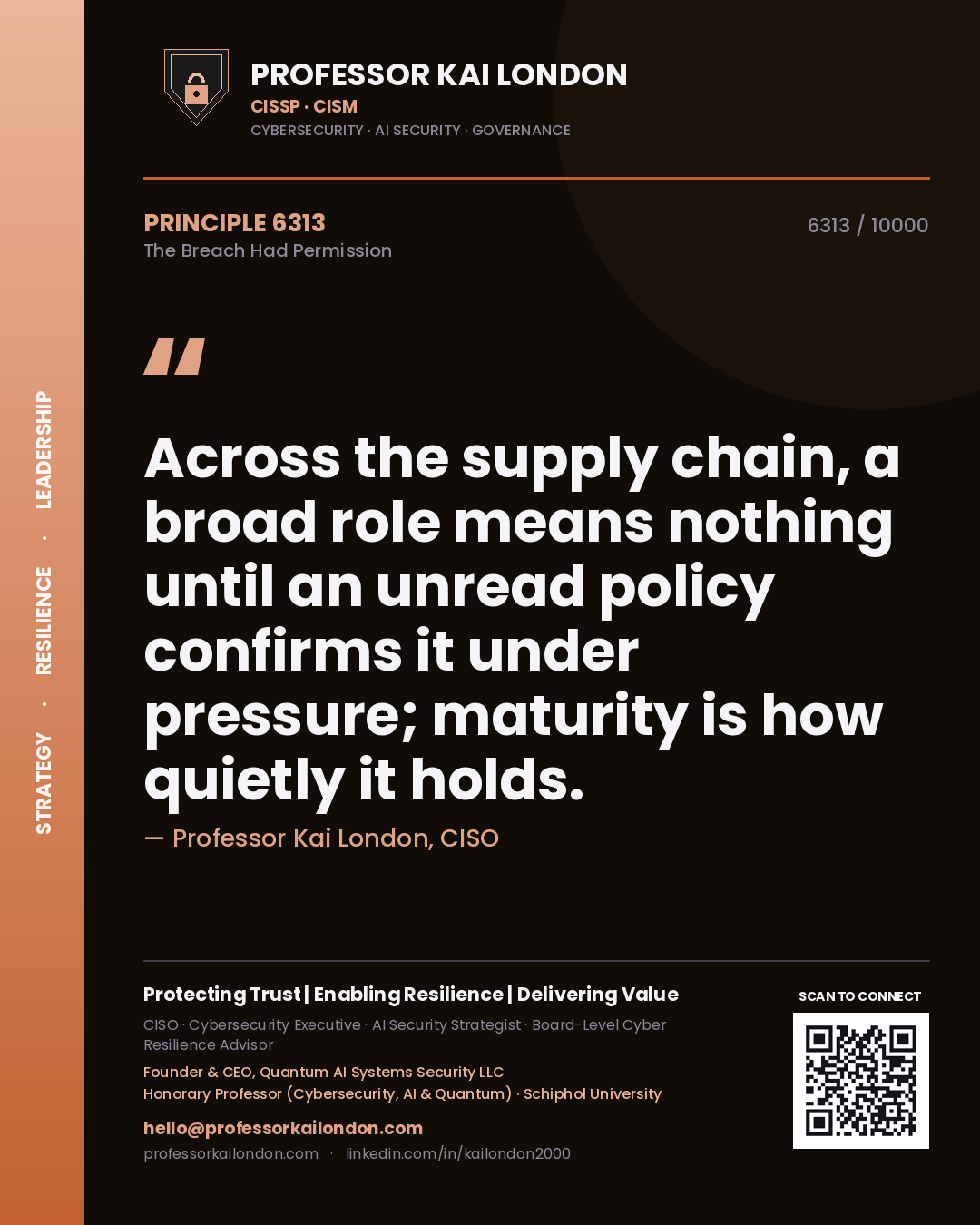 Quote card by Professor Kai London reading 'Across the supply chain, a broad role means nothing until an unread policy confirms it under pressure; maturity is how quietly it holds.'. From the book The Breach Had Permission.
