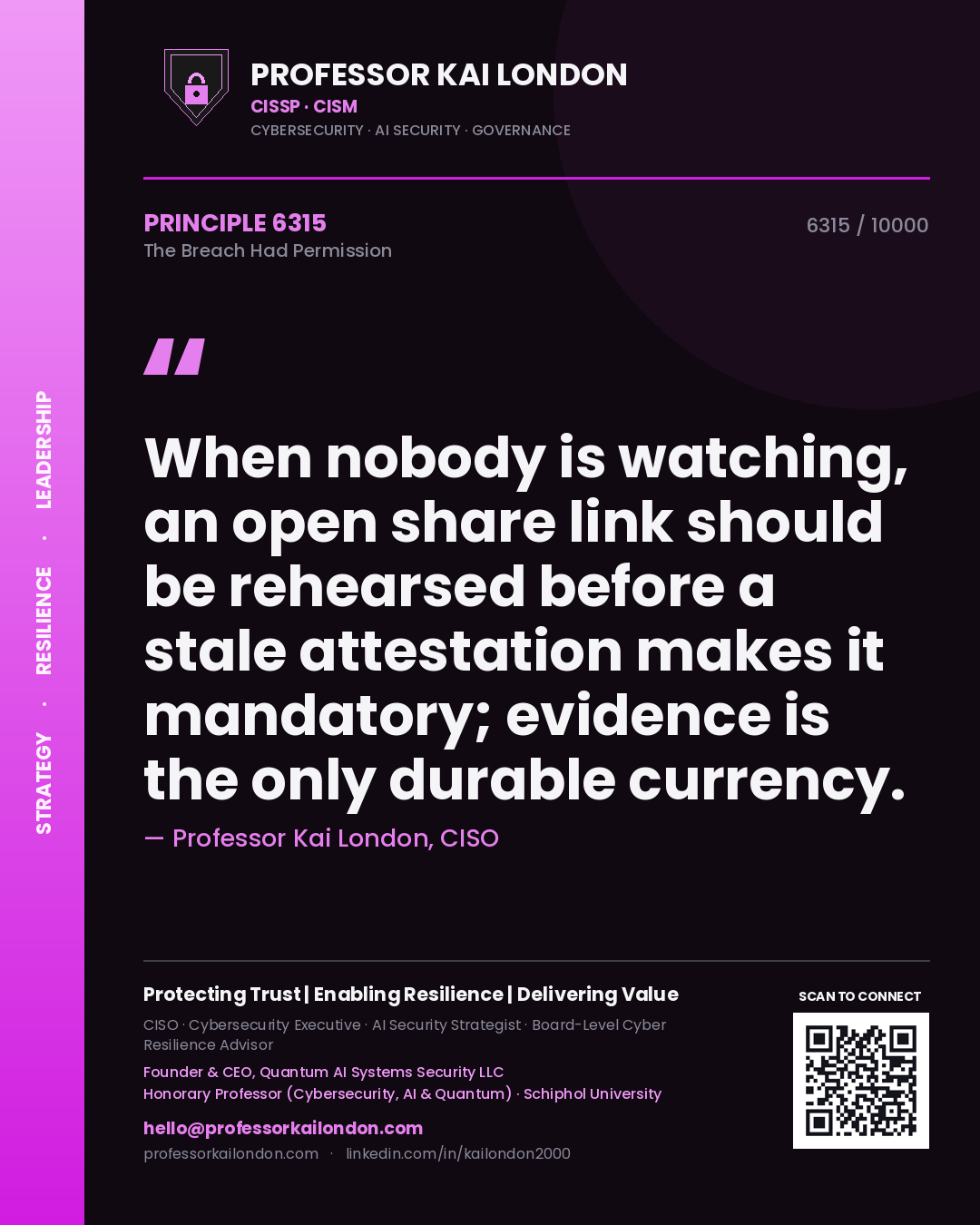 Professor Kai London principle 6315: When nobody is watching, an open share link should be rehearsed before a stale attestation makes it mandatory; evidence is the only durable currency.