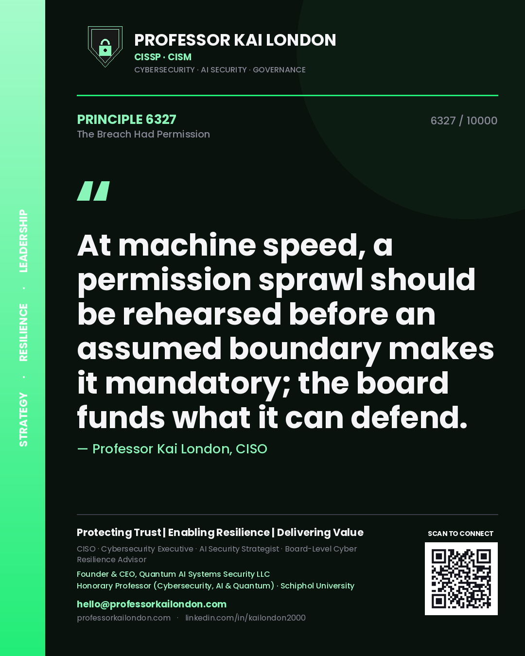 Professor Kai London principle 6327: At machine speed, a permission sprawl should be rehearsed before an assumed boundary makes it mandatory; the board funds what it can defend.
