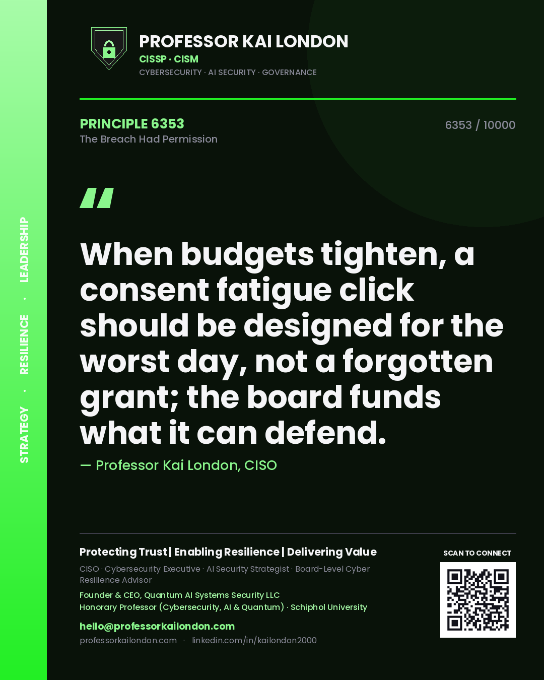 Quote card by Professor Kai London reading 'When budgets tighten, a consent fatigue click should be designed for the worst day, not a forgotten grant; the board funds what it can defend.'. From the book The Breach Had Permission.