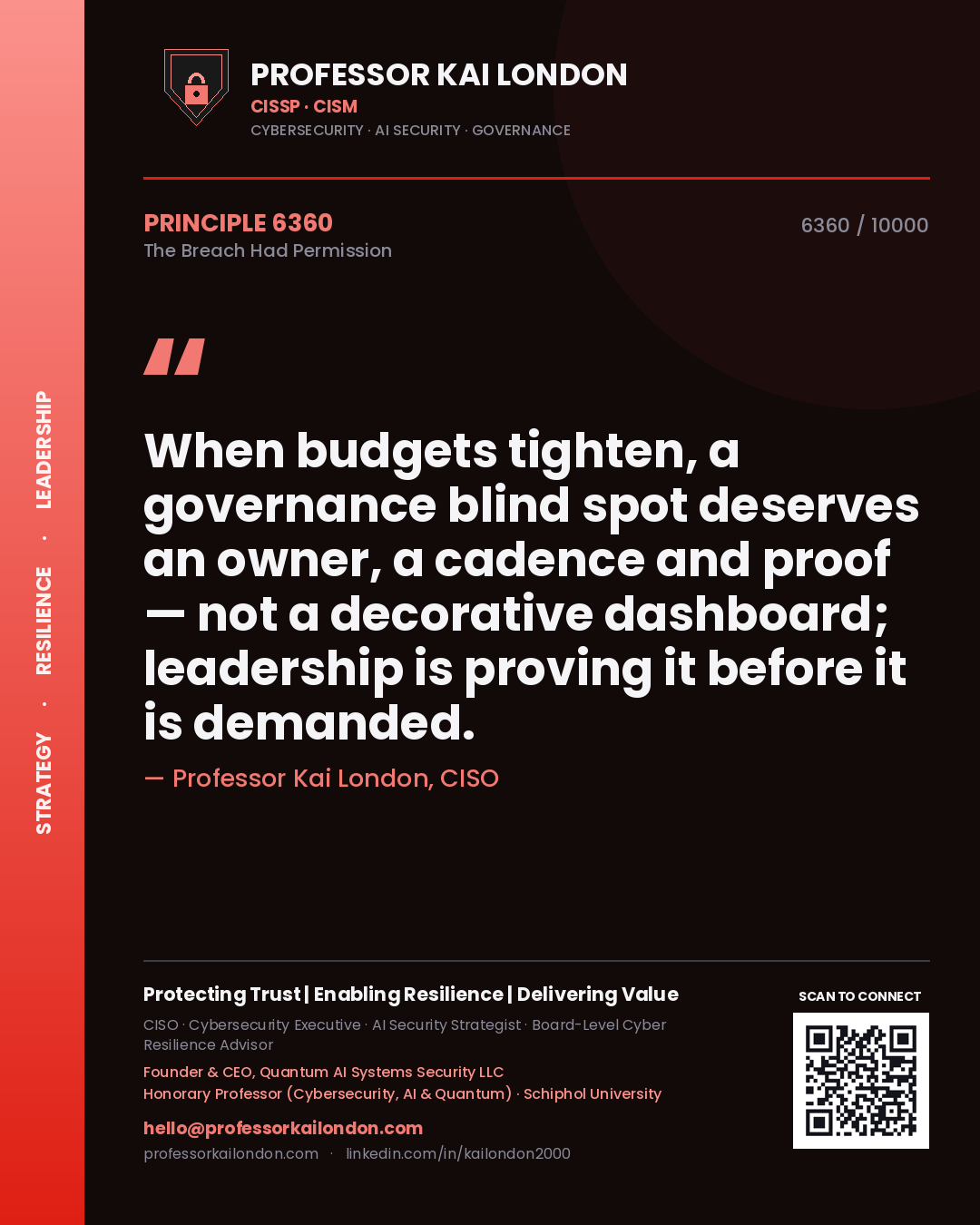 Professor Kai London principle 6360: When budgets tighten, a governance blind spot deserves an owner, a cadence and proof — not a decorative dashboard; leadership is proving it before it is demanded.
