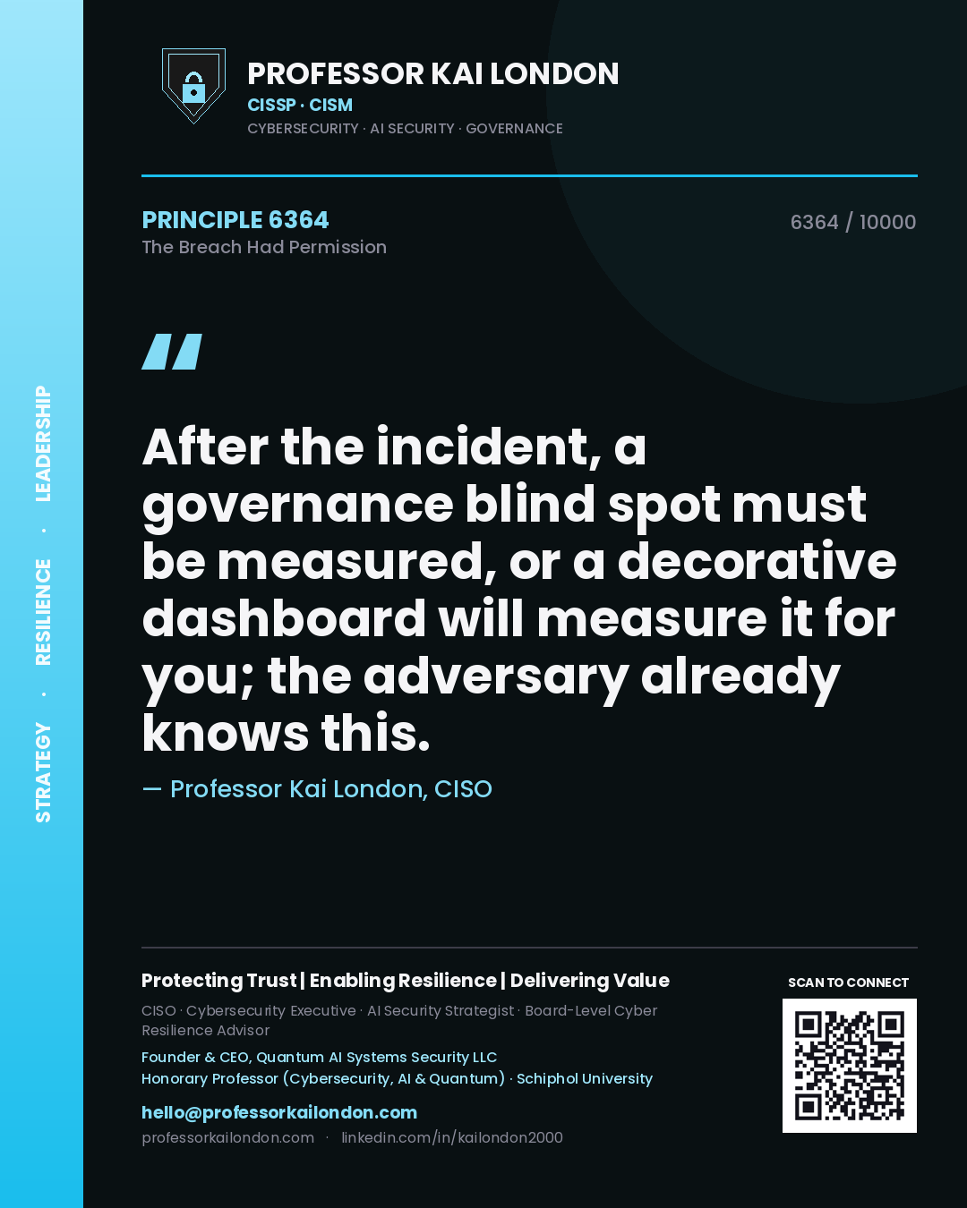 Quote card by Professor Kai London reading 'After the incident, a governance blind spot must be measured, or a decorative dashboard will measure it for you; the adversary already knows this.'. From the book The Breach Had Permission.