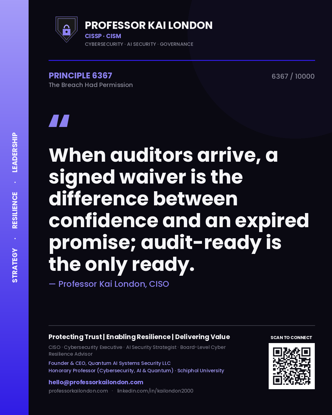 Quote card by Professor Kai London reading 'When auditors arrive, a signed waiver is the difference between confidence and an expired promise; audit-ready is the only ready.'. From the book The Breach Had Permission.