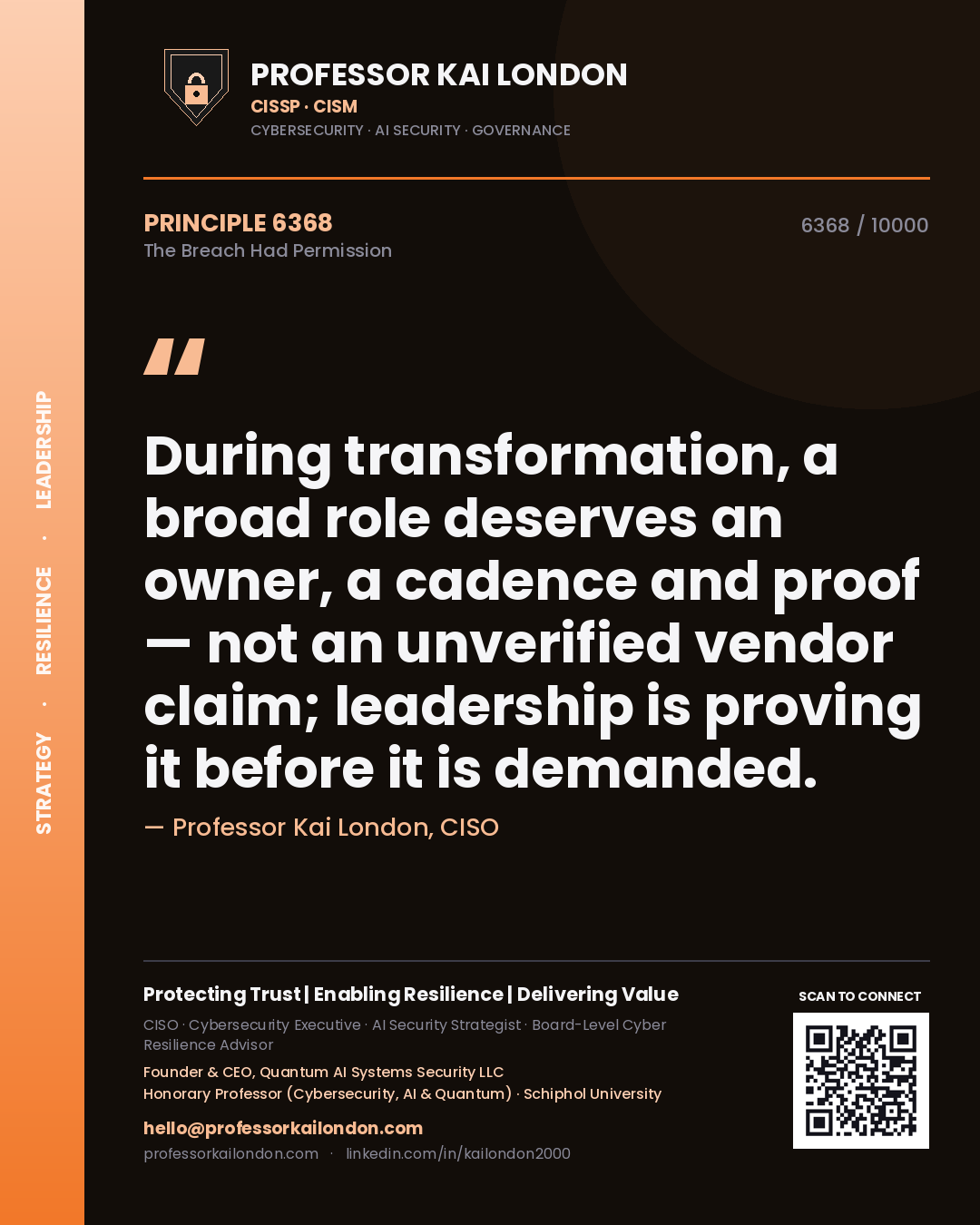 Professor Kai London principle 6368: During transformation, a broad role deserves an owner, a cadence and proof — not an unverified vendor claim; leadership is proving it before it is demanded.