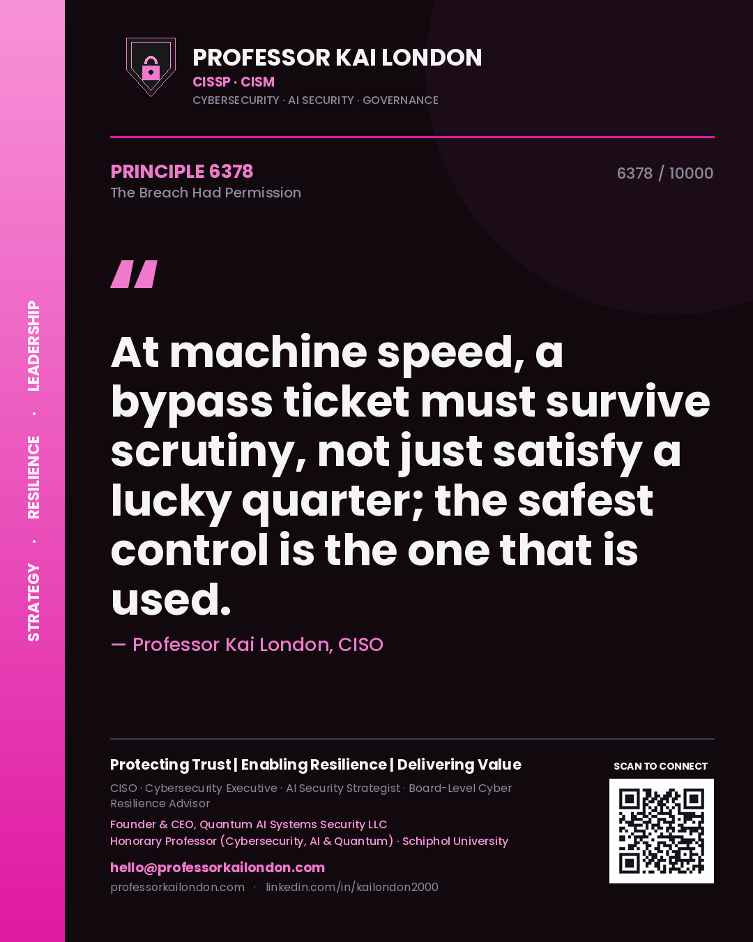 Professor Kai London principle 6378: At machine speed, a bypass ticket must survive scrutiny, not just satisfy a lucky quarter; the safest control is the one that is used.