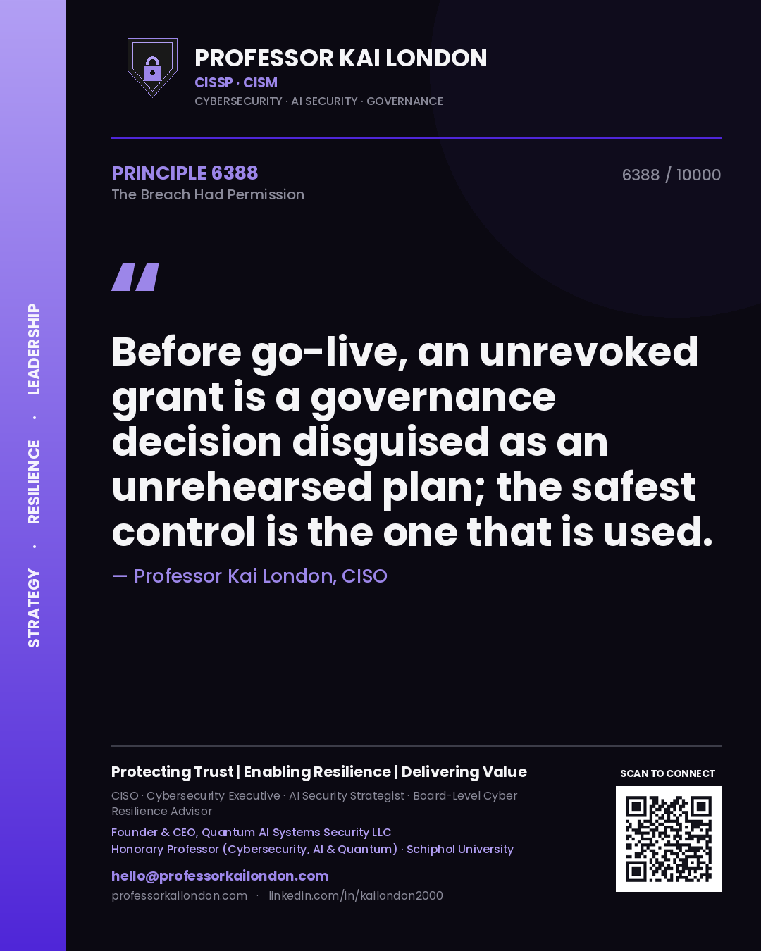 Quote card by Professor Kai London reading 'Before go-live, an unrevoked grant is a governance decision disguised as an unrehearsed plan; the safest control is the one that is used.'. From the book The Breach Had Permission.