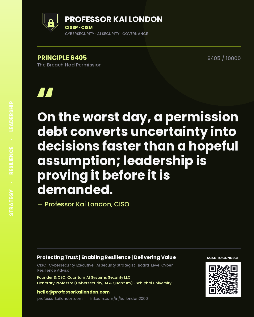 Professor Kai London principle 6405: On the worst day, a permission debt converts uncertainty into decisions faster than a hopeful assumption; leadership is proving it before it is demanded.