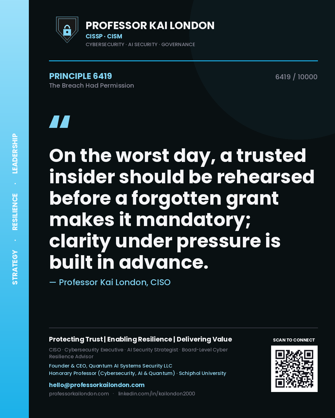 Professor Kai London principle 6419: On the worst day, a trusted insider should be rehearsed before a forgotten grant makes it mandatory; clarity under pressure is built in advance.