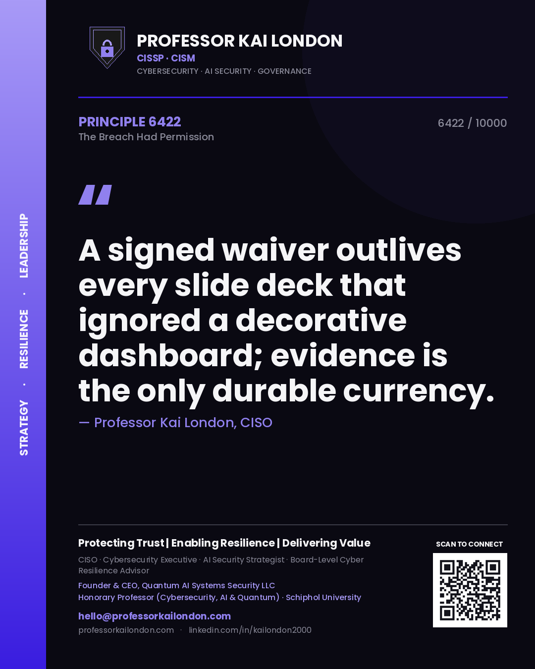 Quote card by Professor Kai London reading 'A signed waiver outlives every slide deck that ignored a decorative dashboard; evidence is the only durable currency.'. From the book The Breach Had Permission.