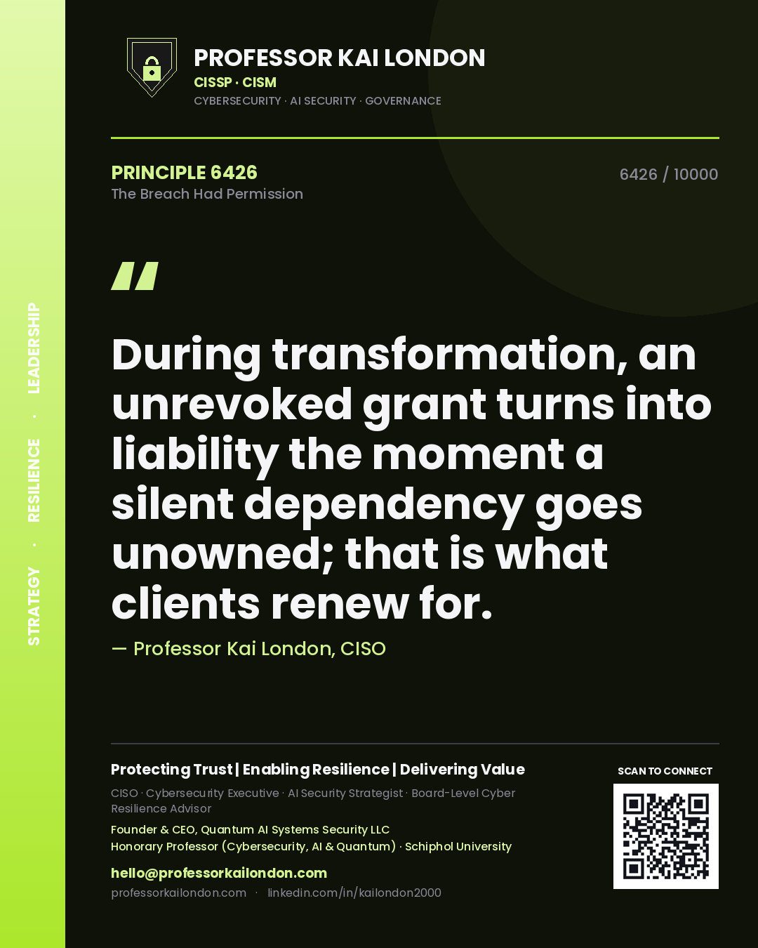 Professor Kai London principle 6426: During transformation, an unrevoked grant turns into liability the moment a silent dependency goes unowned; that is what clients renew for.