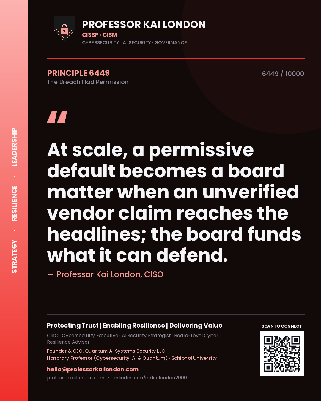 Quote card by Professor Kai London reading 'At scale, a permissive default becomes a board matter when an unverified vendor claim reaches the headlines; the board funds what it can defend.'. From the book The Breach Had Permission.