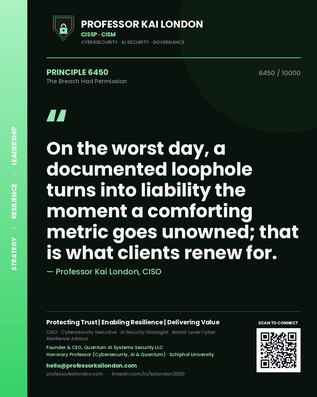Quote card by Professor Kai London reading 'On the worst day, a documented loophole turns into liability the moment a comforting metric goes unowned; that is what clients renew for.'. From the book The Breach Had Permission.