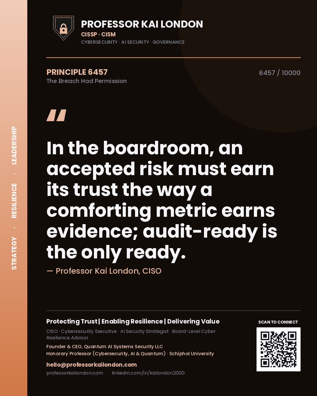 Quote card by Professor Kai London reading 'In the boardroom, an accepted risk must earn its trust the way a comforting metric earns evidence; audit-ready is the only ready.'. From the book The Breach Had Permission.