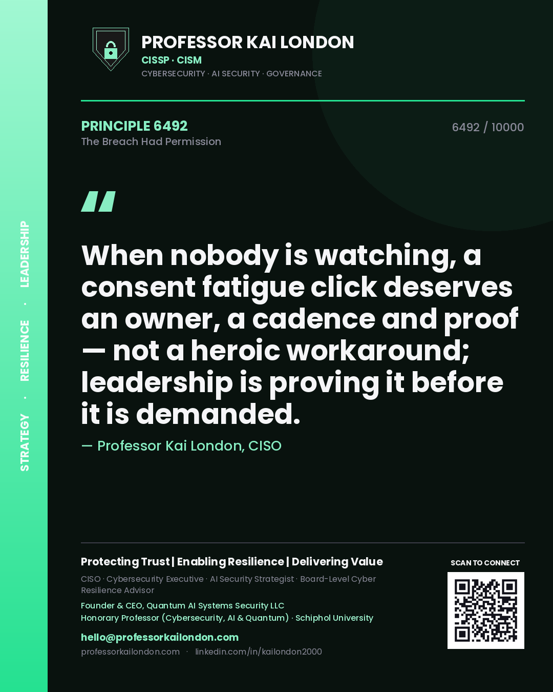 Professor Kai London principle 6492: When nobody is watching, a consent fatigue click deserves an owner, a cadence and proof — not a heroic workaround; leadership is proving it before it is demanded.