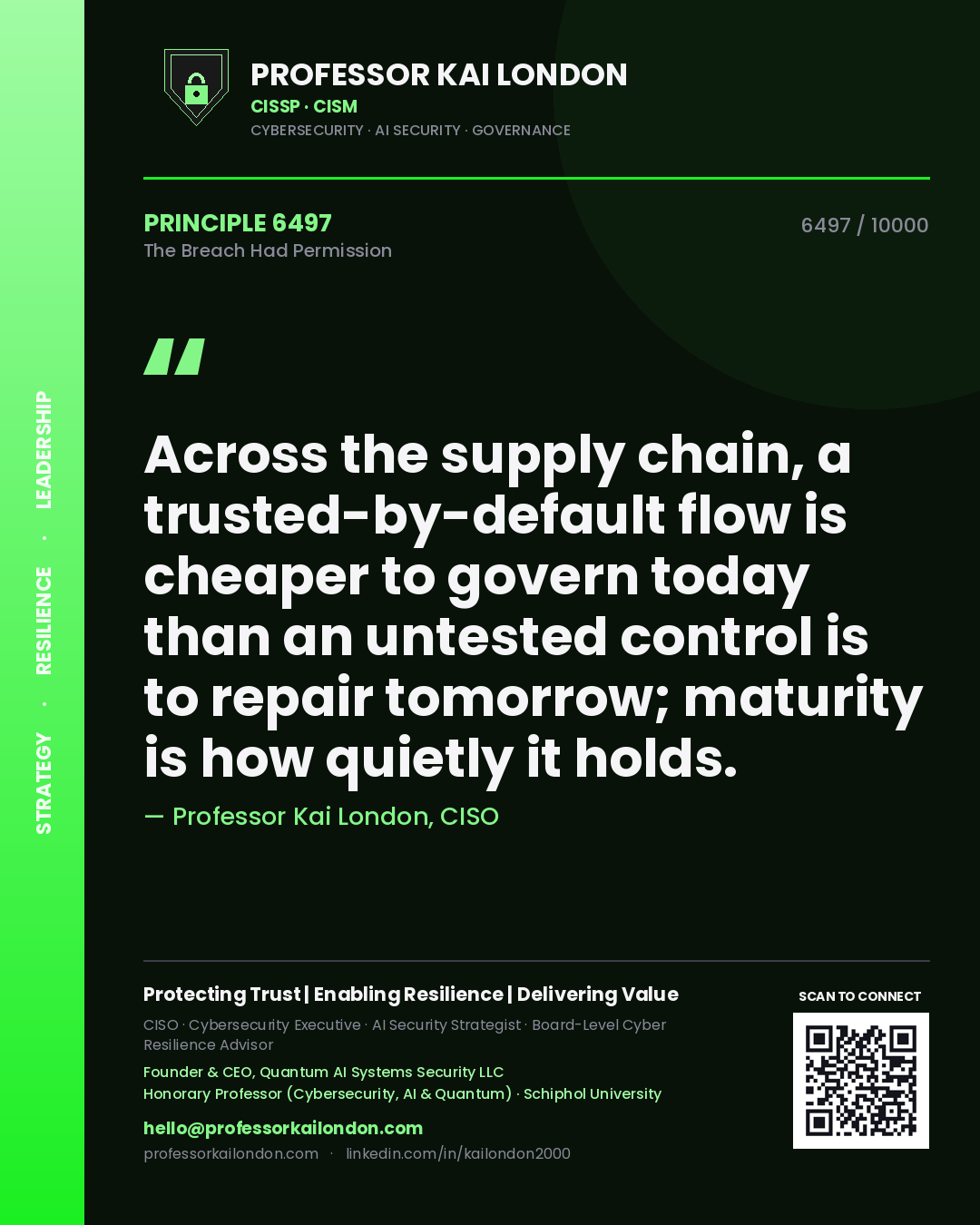 Professor Kai London principle 6497: Across the supply chain, a trusted-by-default flow is cheaper to govern today than an untested control is to repair tomorrow; maturity is how quietly it holds.