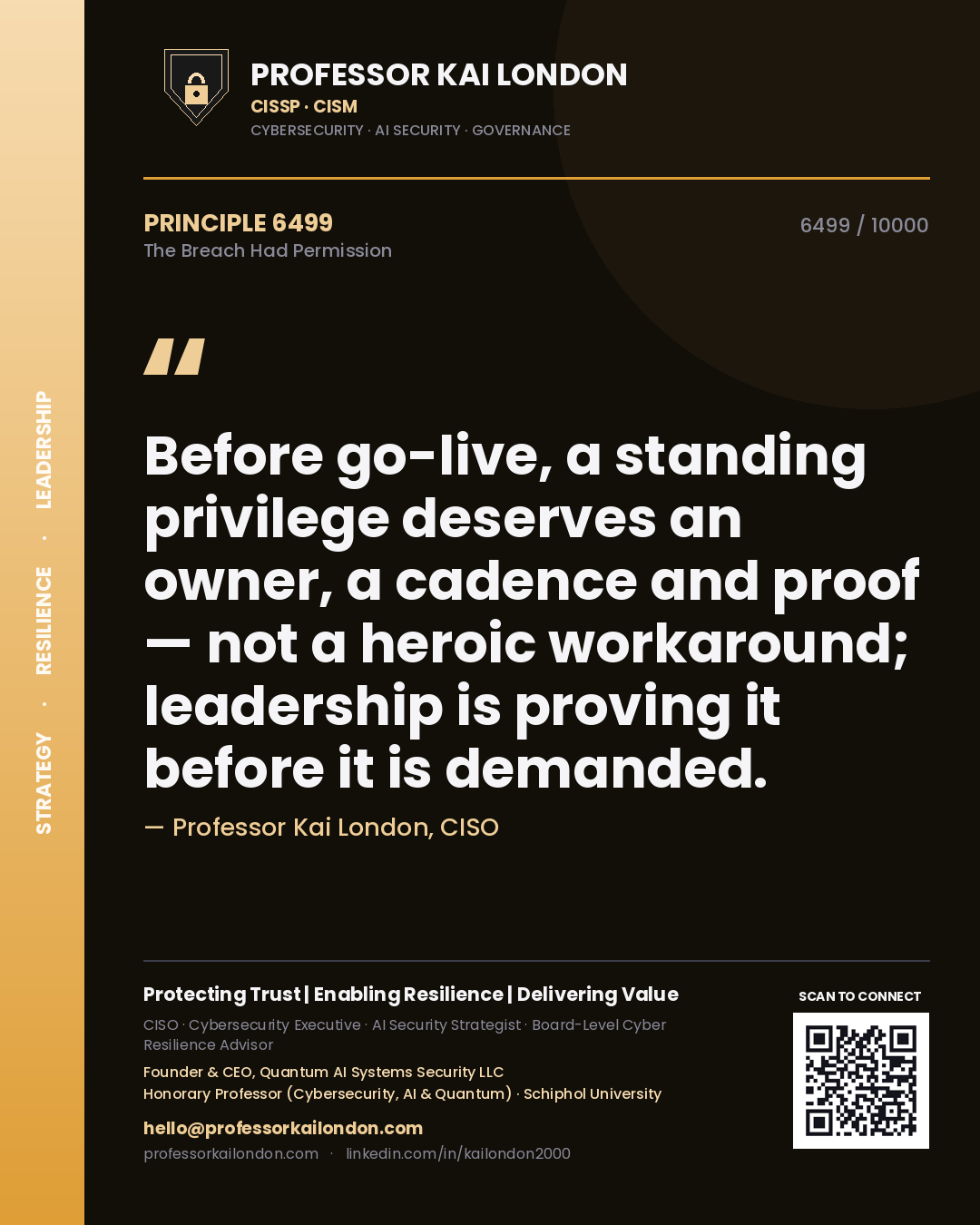 Quote card by Professor Kai London reading 'Before go-live, a standing privilege deserves an owner, a cadence and proof — not a heroic workaround; leadership is proving it before it is demanded.'. From the book The Breach Had Permission.