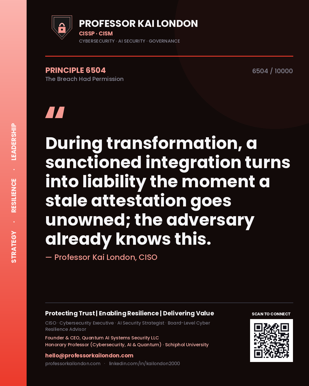 Professor Kai London principle 6504: During transformation, a sanctioned integration turns into liability the moment a stale attestation goes unowned; the adversary already knows this.