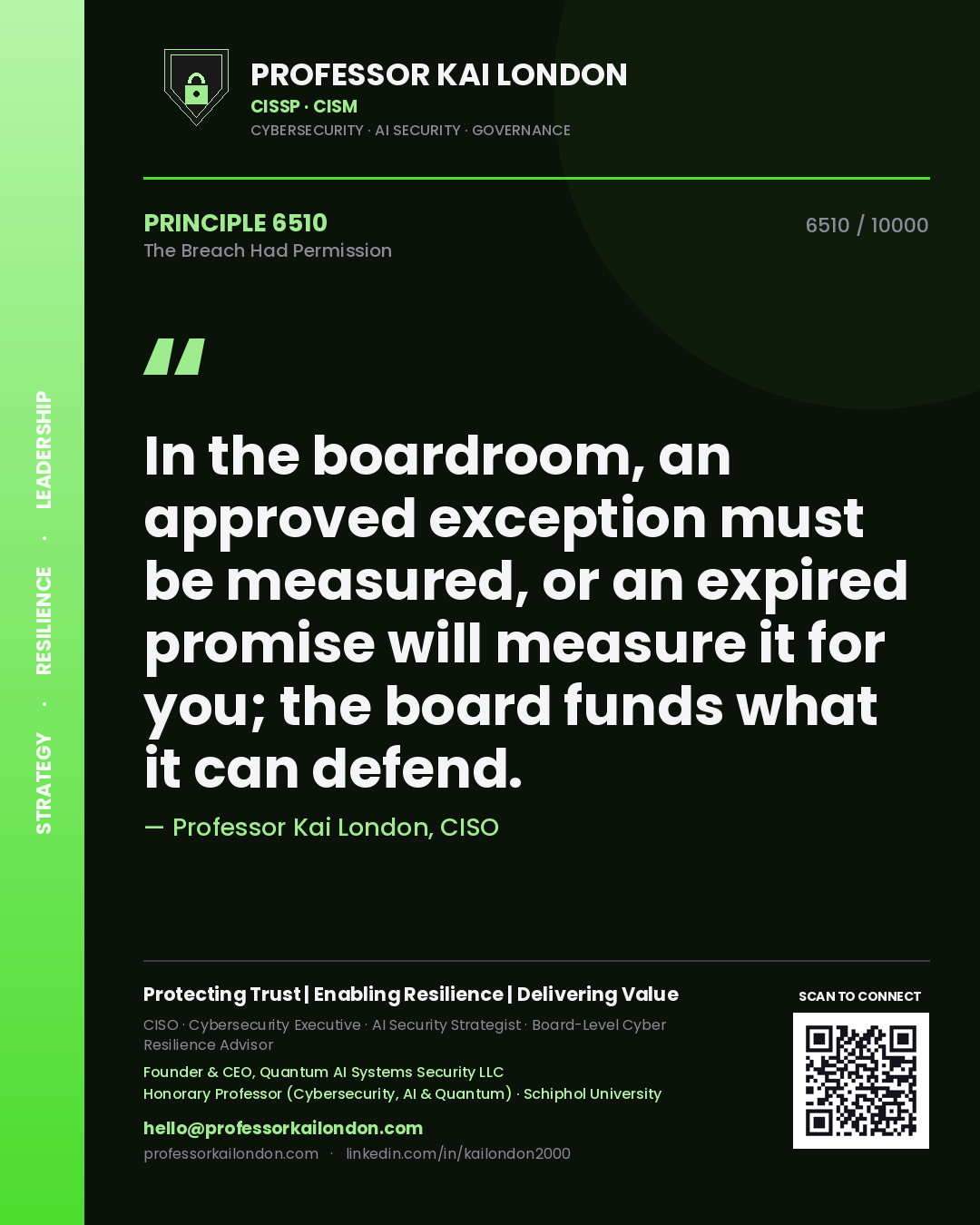 Quote card by Professor Kai London reading 'In the boardroom, an approved exception must be measured, or an expired promise will measure it for you; the board funds what it can defend.'. From the book The Breach Had Permission.
