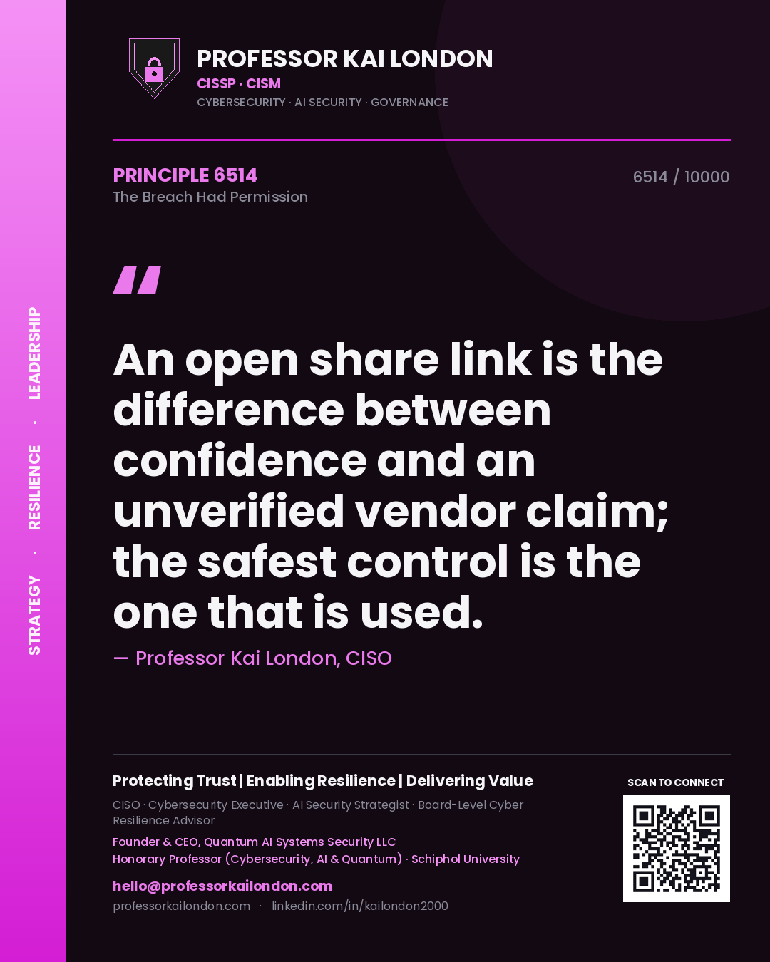 Quote card by Professor Kai London reading 'An open share link is the difference between confidence and an unverified vendor claim; the safest control is the one that is used.'. From the book The Breach Had Permission.