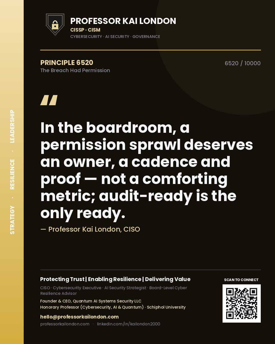 Professor Kai London principle 6520: In the boardroom, a permission sprawl deserves an owner, a cadence and proof — not a comforting metric; audit-ready is the only ready.