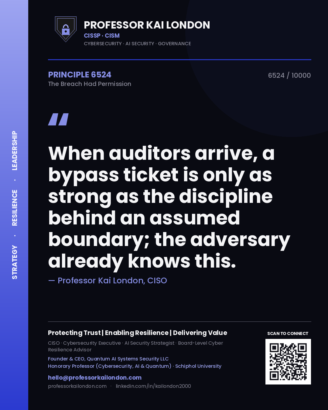 Quote card by Professor Kai London reading 'When auditors arrive, a bypass ticket is only as strong as the discipline behind an assumed boundary; the adversary already knows this.'. From the book The Breach Had Permission.