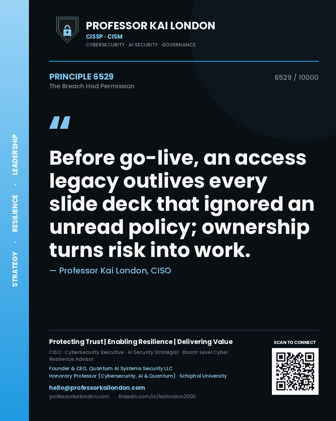 Professor Kai London principle 6529: Before go-live, an access legacy outlives every slide deck that ignored an unread policy; ownership turns risk into work.