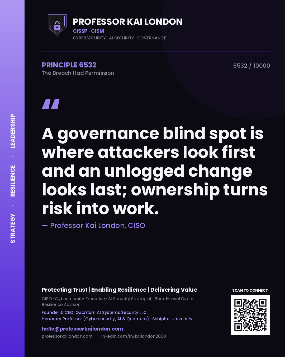 Quote card by Professor Kai London reading 'A governance blind spot is where attackers look first and an unlogged change looks last; ownership turns risk into work.'. From the book The Breach Had Permission.