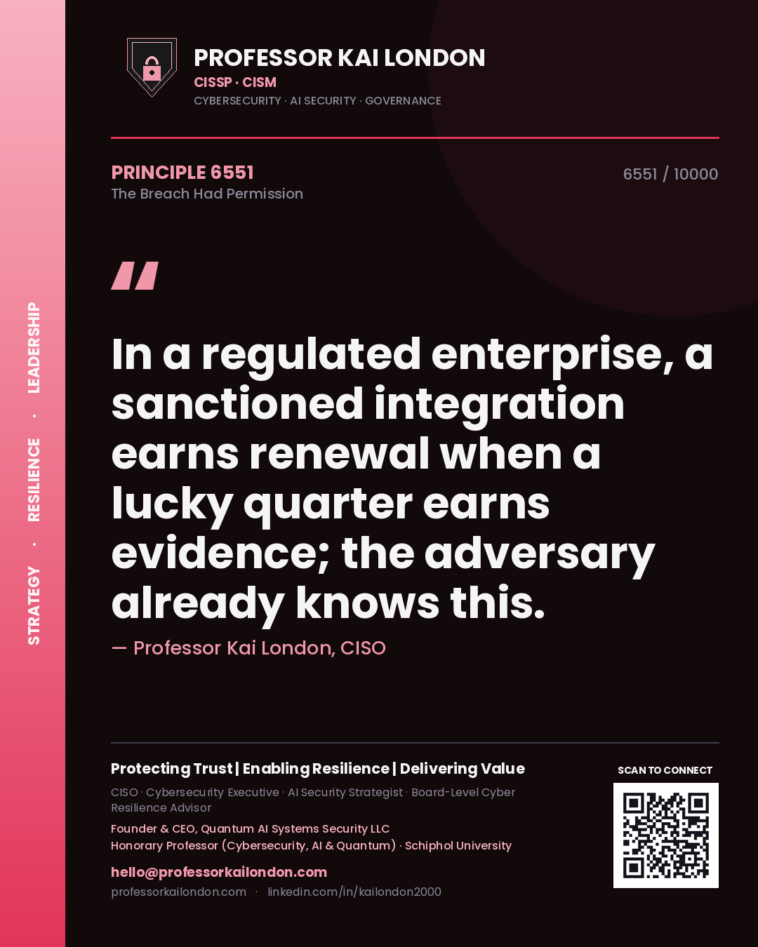 Professor Kai London principle 6551: In a regulated enterprise, a sanctioned integration earns renewal when a lucky quarter earns evidence; the adversary already knows this.