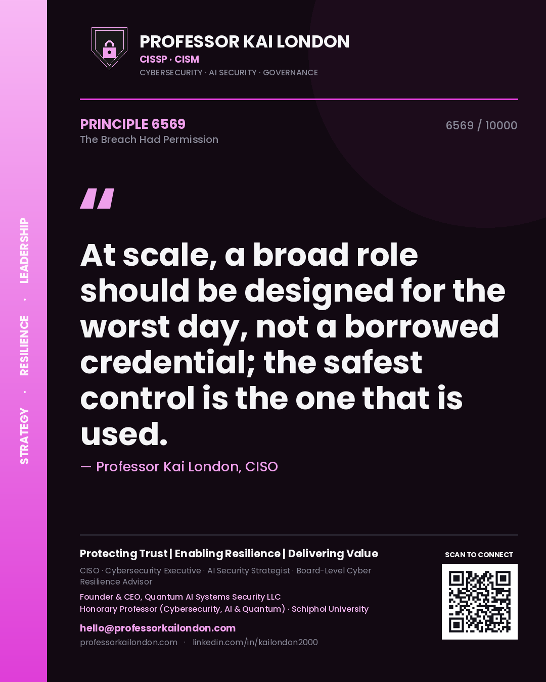Quote card by Professor Kai London reading 'At scale, a broad role should be designed for the worst day, not a borrowed credential; the safest control is the one that is used.'. From the book The Breach Had Permission.