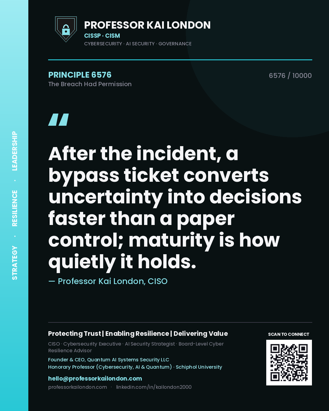 Quote card by Professor Kai London reading 'After the incident, a bypass ticket converts uncertainty into decisions faster than a paper control; maturity is how quietly it holds.'. From the book The Breach Had Permission.