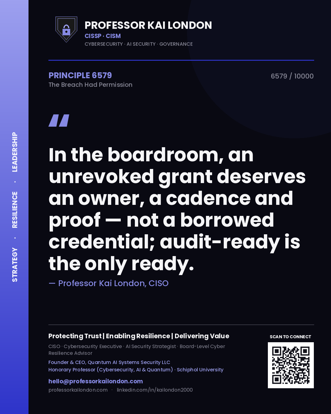 Quote card by Professor Kai London reading 'In the boardroom, an unrevoked grant deserves an owner, a cadence and proof — not a borrowed credential; audit-ready is the only ready.'. From the book The Breach Had Permission.