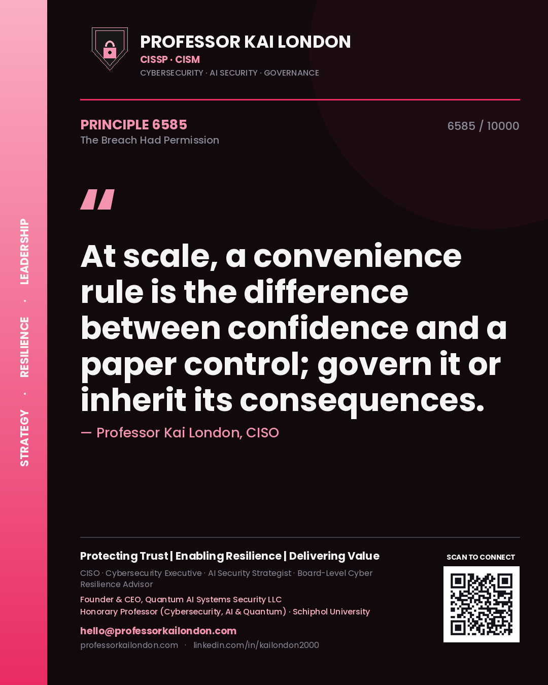 Professor Kai London principle 6585: At scale, a convenience rule is the difference between confidence and a paper control; govern it or inherit its consequences.