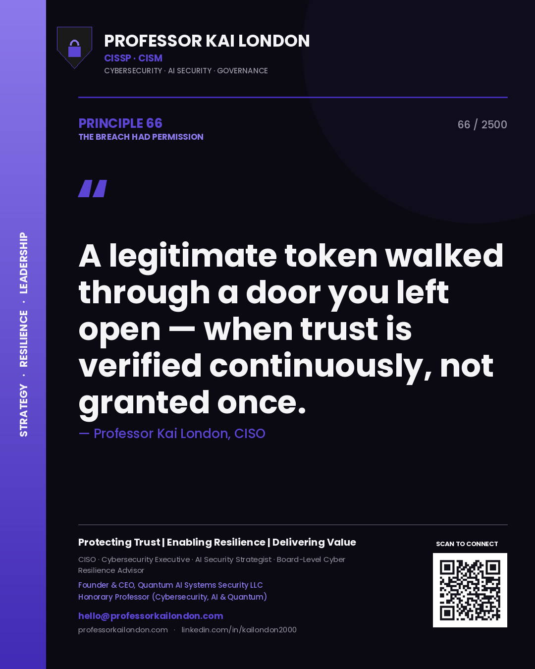 Quote card by Professor Kai London reading 'A legitimate token walked through a door you left open — when trust is verified continuously, not granted once.'. From the book The Breach Had Permission.