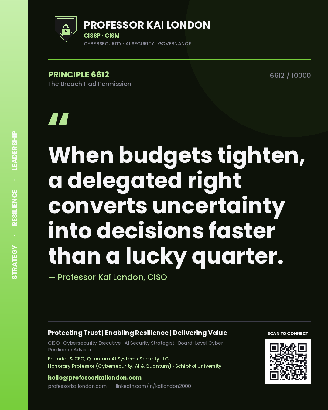 Quote card by Professor Kai London reading 'When budgets tighten, a delegated right converts uncertainty into decisions faster than a lucky quarter.'. From the book The Breach Had Permission.