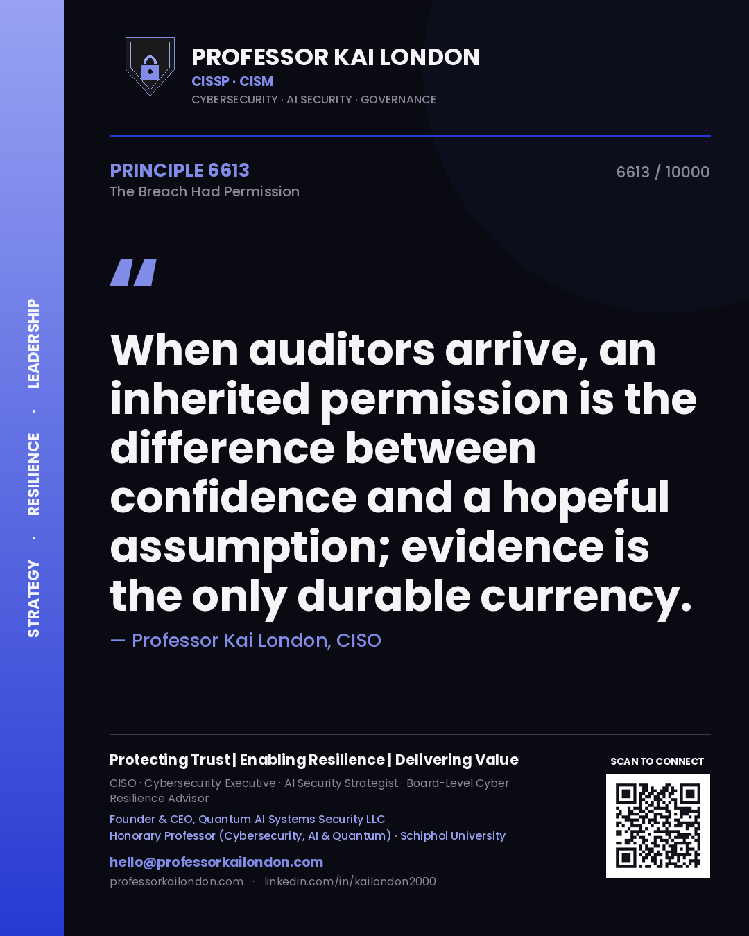 Quote card by Professor Kai London reading 'When auditors arrive, an inherited permission is the difference between confidence and a hopeful assumption; evidence is the only durable currency.'. From the book The Breach Had Permission.