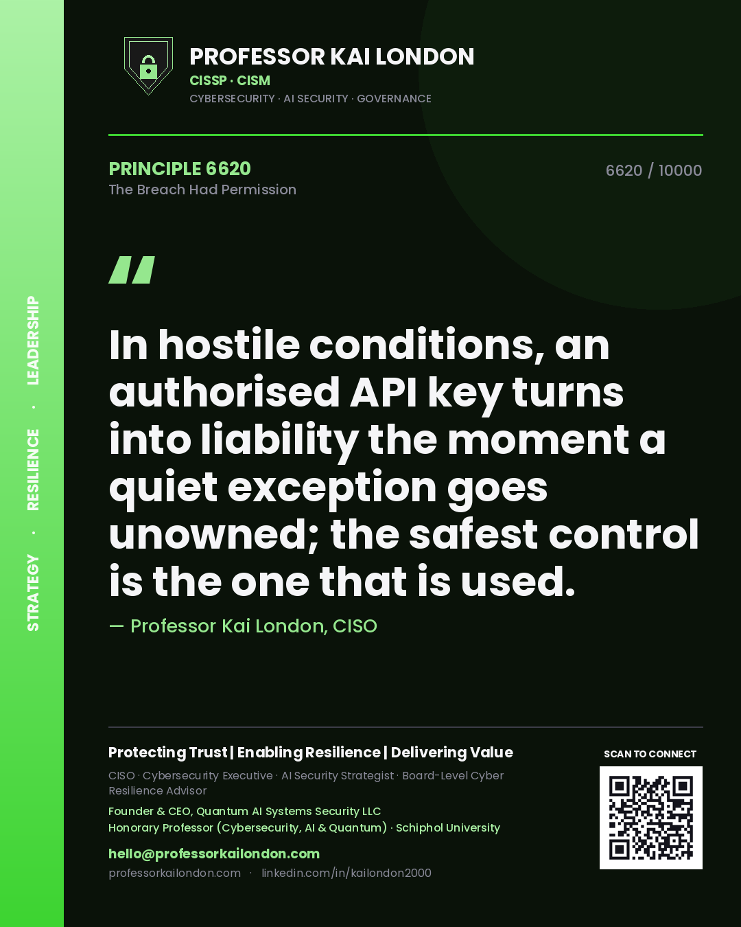 Quote card by Professor Kai London reading 'In hostile conditions, an authorised API key turns into liability the moment a quiet exception goes unowned; the safest control is the one that is used.'. From the book The Breach Had Permission.