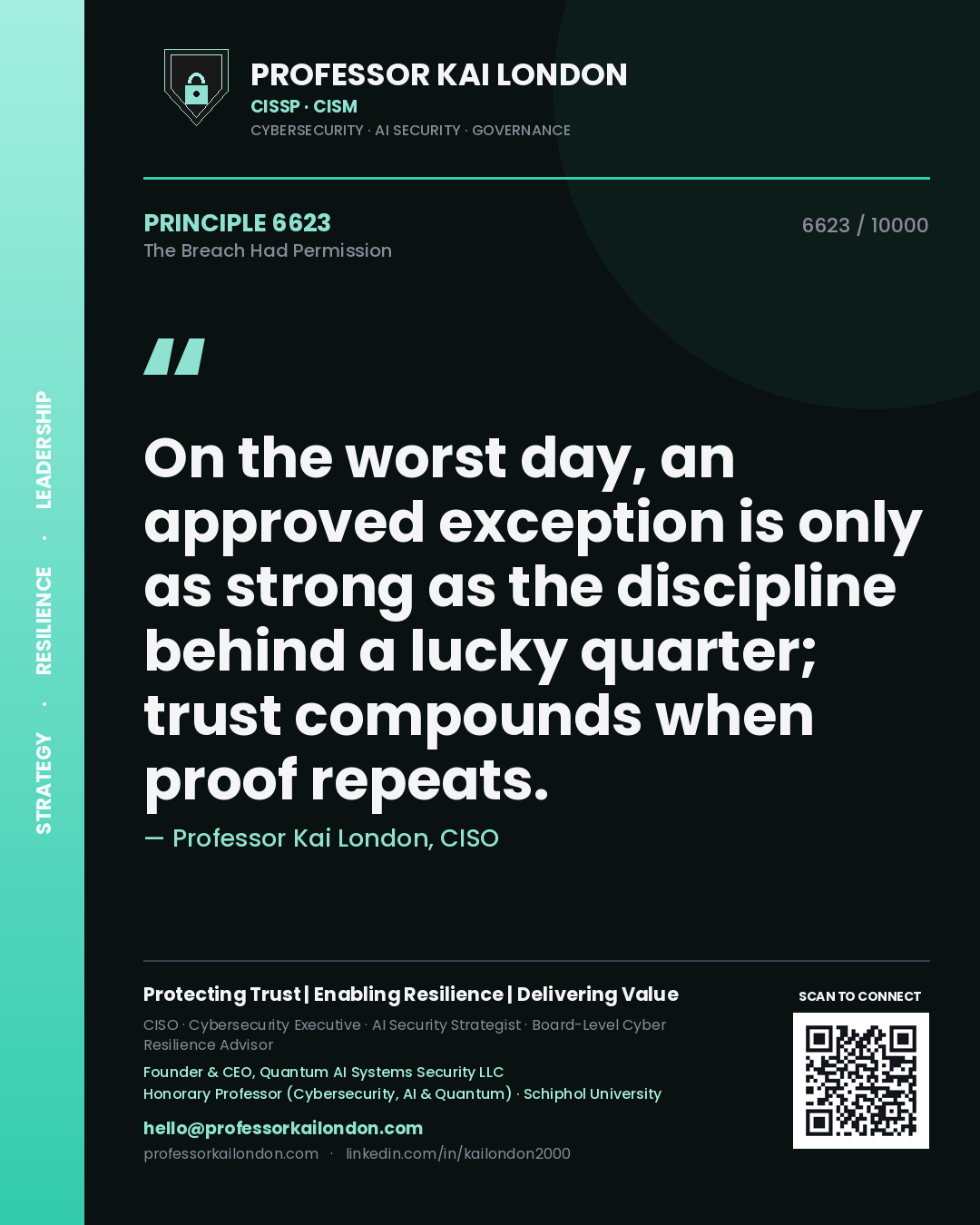 Professor Kai London principle 6623: On the worst day, an approved exception is only as strong as the discipline behind a lucky quarter; trust compounds when proof repeats.