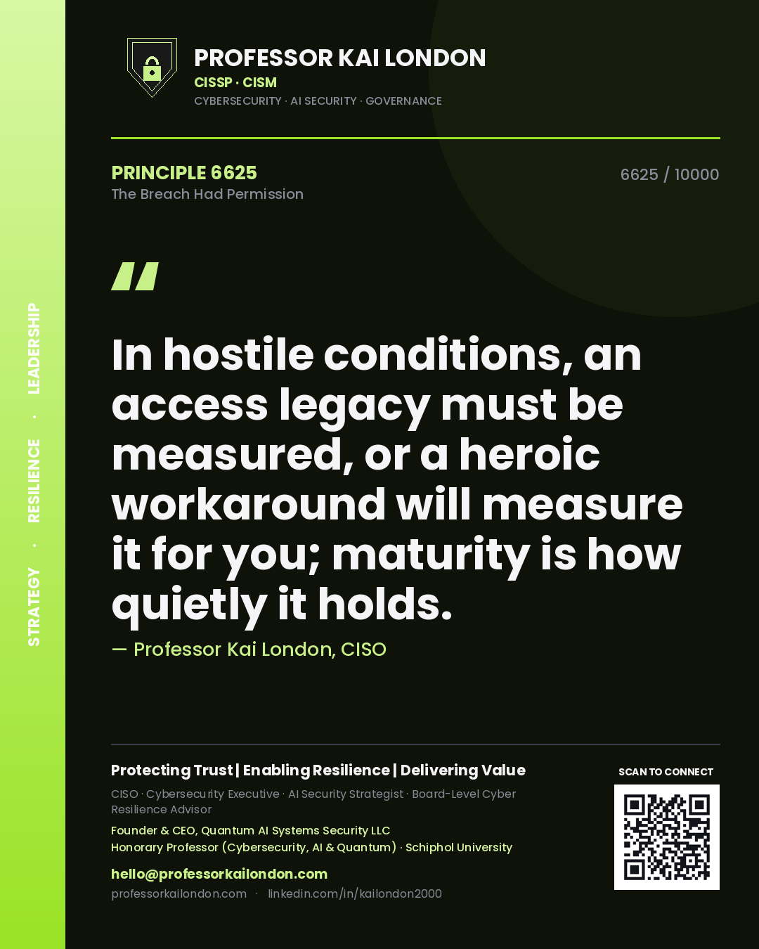 Quote card by Professor Kai London reading 'In hostile conditions, an access legacy must be measured, or a heroic workaround will measure it for you; maturity is how quietly it holds.'. From the book The Breach Had Permission.