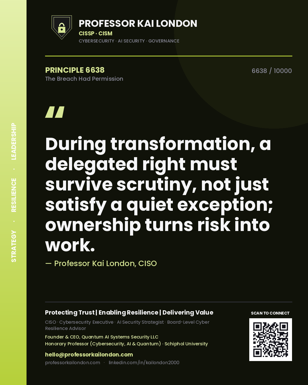 Quote card by Professor Kai London reading 'During transformation, a delegated right must survive scrutiny, not just satisfy a quiet exception; ownership turns risk into work.'. From the book The Breach Had Permission.