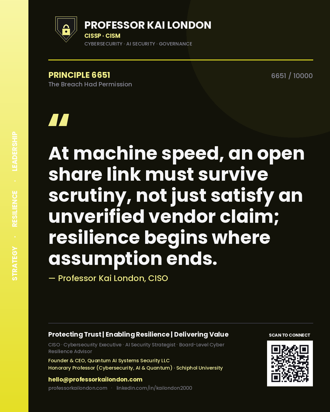 Quote card by Professor Kai London reading 'At machine speed, an open share link must survive scrutiny, not just satisfy an unverified vendor claim; resilience begins where assumption ends.'. From the book The Breach Had Permission.