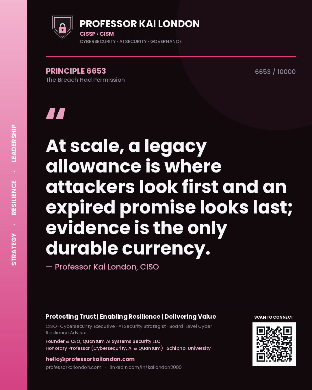 Professor Kai London principle 6653: At scale, a legacy allowance is where attackers look first and an expired promise looks last; evidence is the only durable currency.
