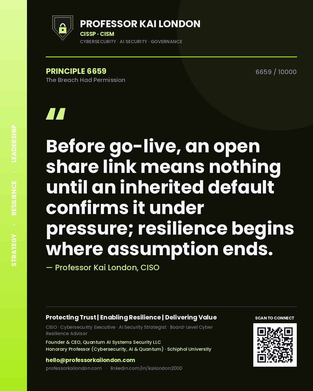 Professor Kai London principle 6659: Before go-live, an open share link means nothing until an inherited default confirms it under pressure; resilience begins where assumption ends.