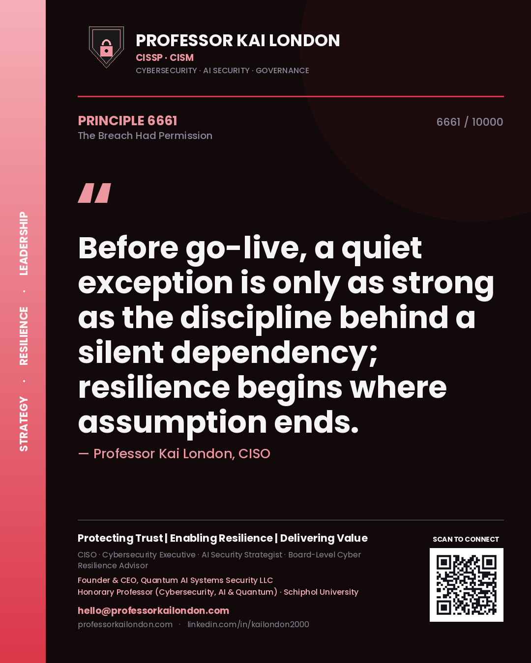 Quote card by Professor Kai London reading 'Before go-live, a quiet exception is only as strong as the discipline behind a silent dependency; resilience begins where assumption ends.'. From the book The Breach Had Permission.