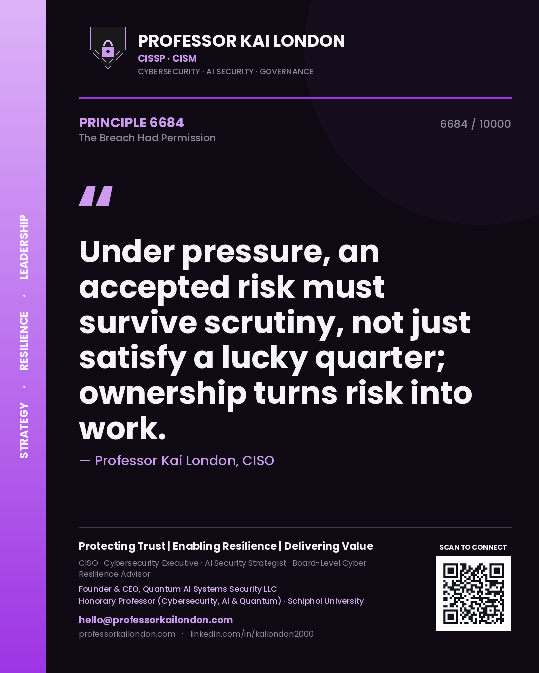 Professor Kai London principle 6684: Under pressure, an accepted risk must survive scrutiny, not just satisfy a lucky quarter; ownership turns risk into work.