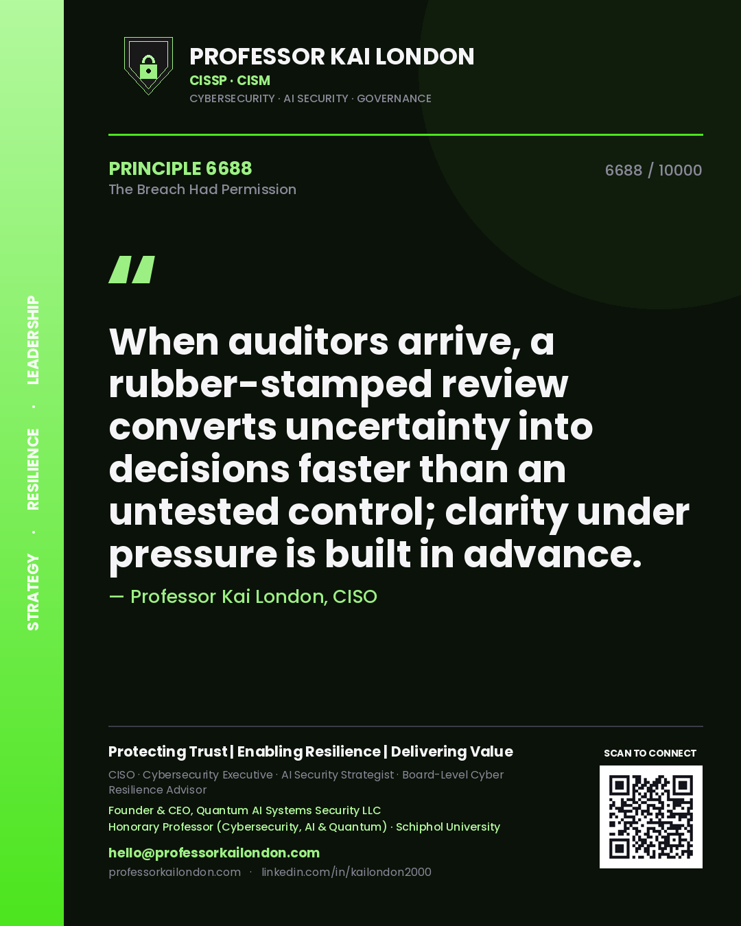 Quote card by Professor Kai London reading 'When auditors arrive, a rubber-stamped review converts uncertainty into decisions faster than an untested control; clarity under pressure is built in advance.'. From the book The Breach Had Permission.