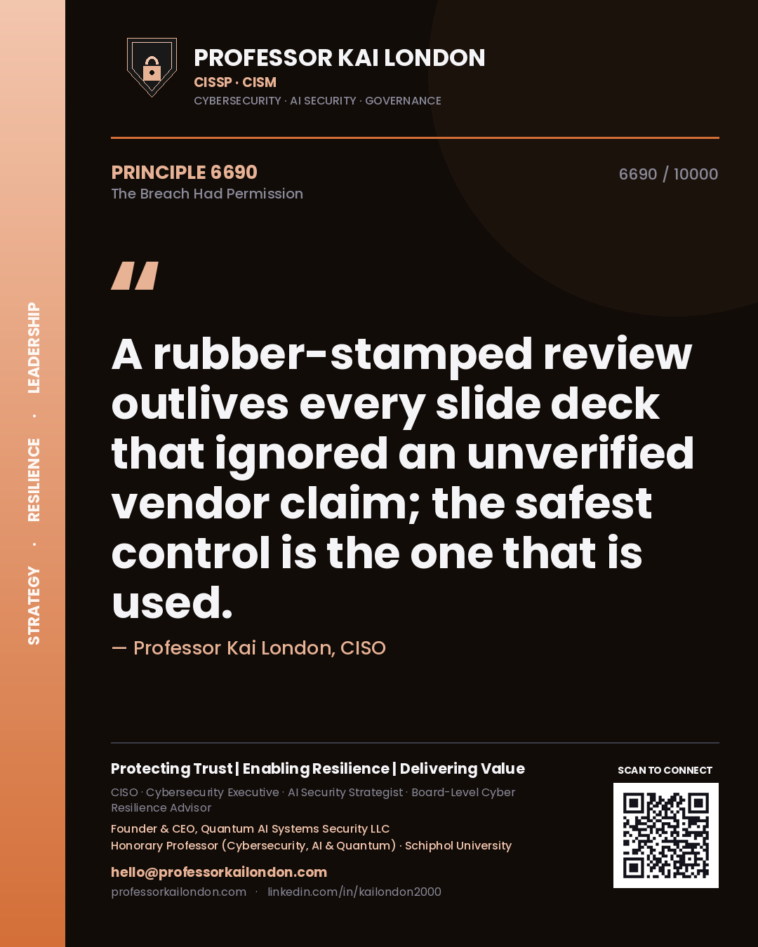Professor Kai London principle 6690: A rubber-stamped review outlives every slide deck that ignored an unverified vendor claim; the safest control is the one that is used.