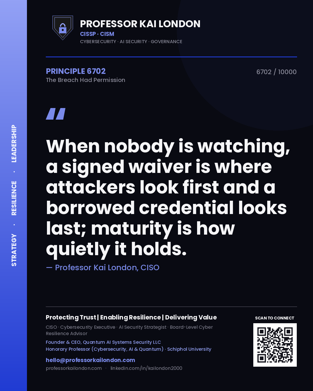 Professor Kai London principle 6702: When nobody is watching, a signed waiver is where attackers look first and a borrowed credential looks last; maturity is how quietly it holds.